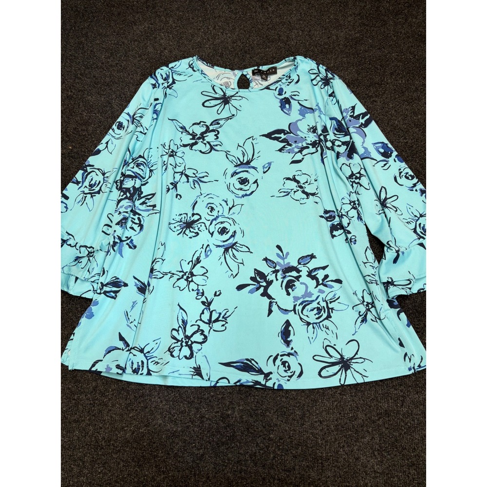 N Touch Women Blue Floral Ruffle Sleeve Keyhole Back Blouse XL